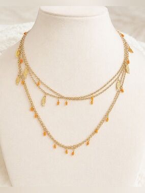 Boho Gold Tone Layered Leaf & Orange Beaded Necklace Festival Chic